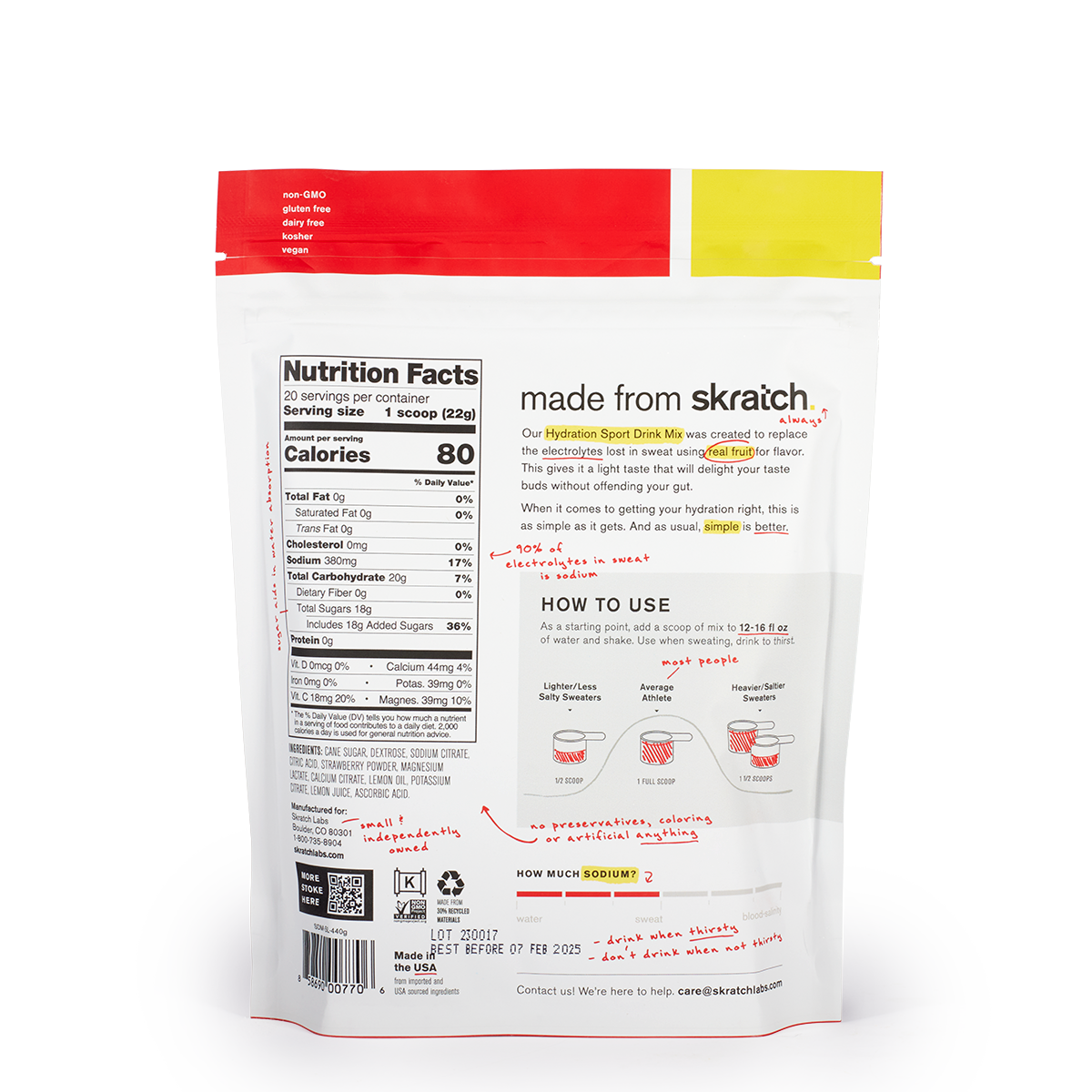 A back of a pouch of Skratch Labs strawberry lemonade hydration sport drink mix