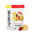 A front of a pouch of Skratch Labs strawberry lemonade hydration sport drink mix