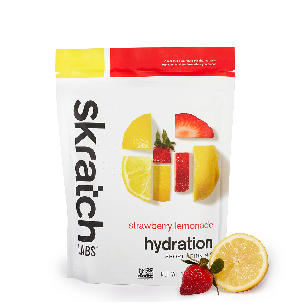 A front of a pouch of Skratch Labs strawberry lemonade hydration sport drink mix