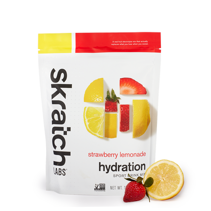 A 20-serving bag of Skratch Labs Hyrdation Sport Drink Mix in the Strawberry Lemonade flavor