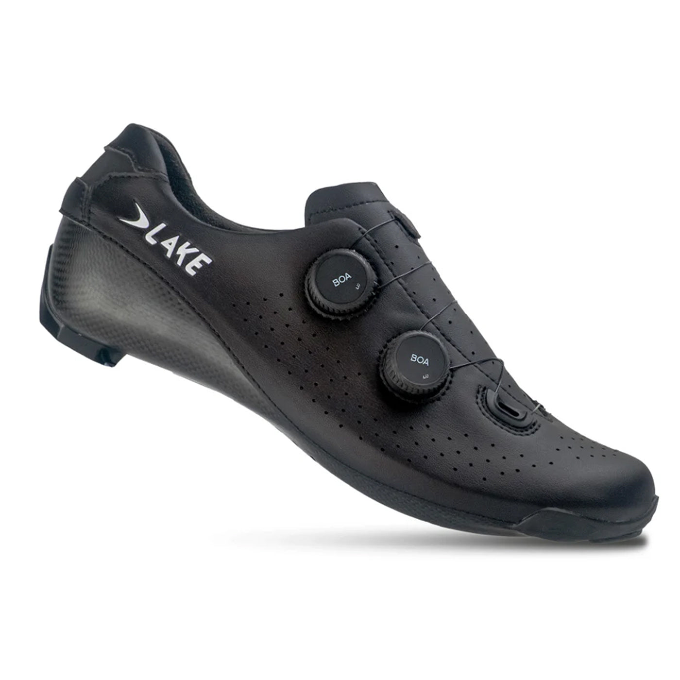 The outside of a Lake CX400 cycling shoe in Black with Black Boa Dials #black