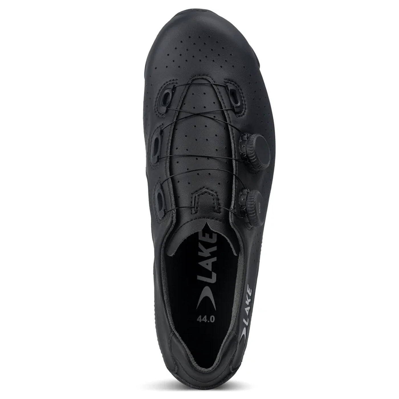 The top of a Lake CX400 cycling shoe in Black with Black Boa Dials #black