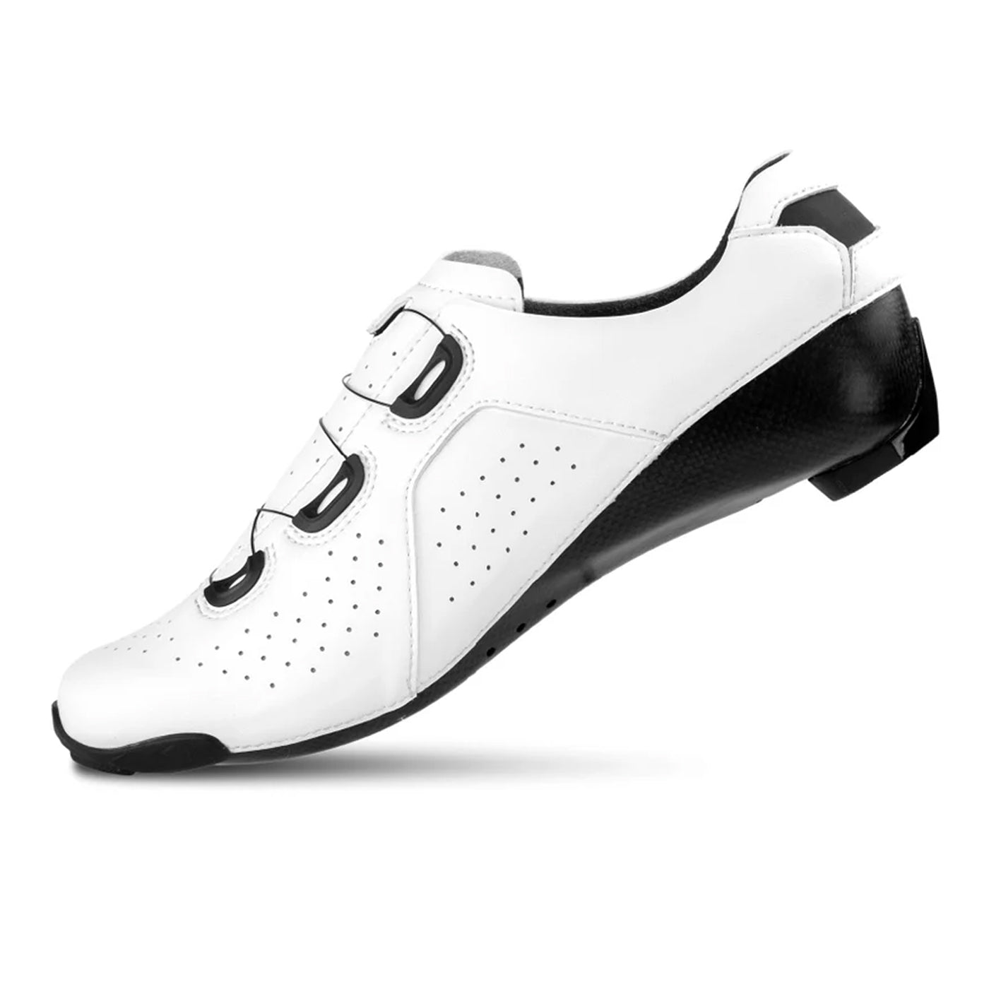 The inside of a Lake CX400 cycling shoe in White with Black Boa Dials #white-black