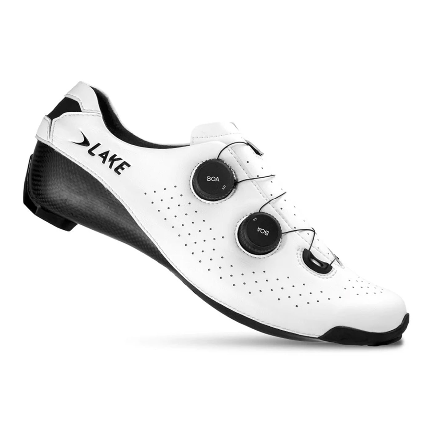 The outside of a Lake CX400 cycling shoe in White with Black Boa Dials #white-black