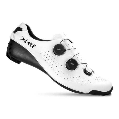 The outside of a Lake CX400 cycling shoe in White with Black Boa Dials #white-black