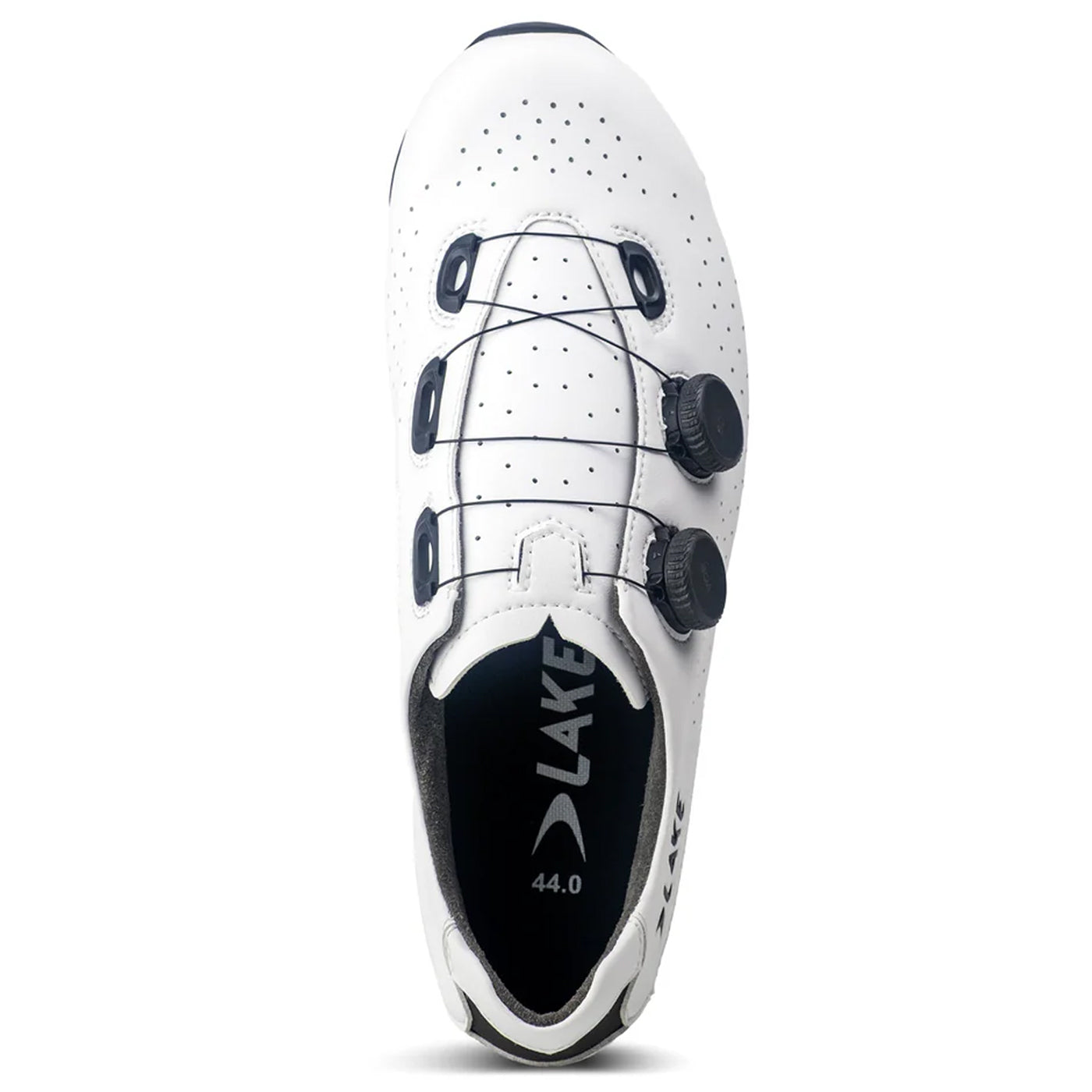 The top of a Lake CX400 cycling shoe in White with Black Boa Dials #white-black