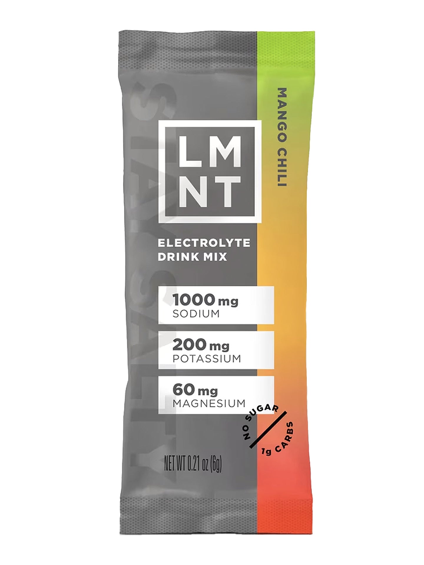 The front of an LMNT Mango Chili Electrolyte drink mix package