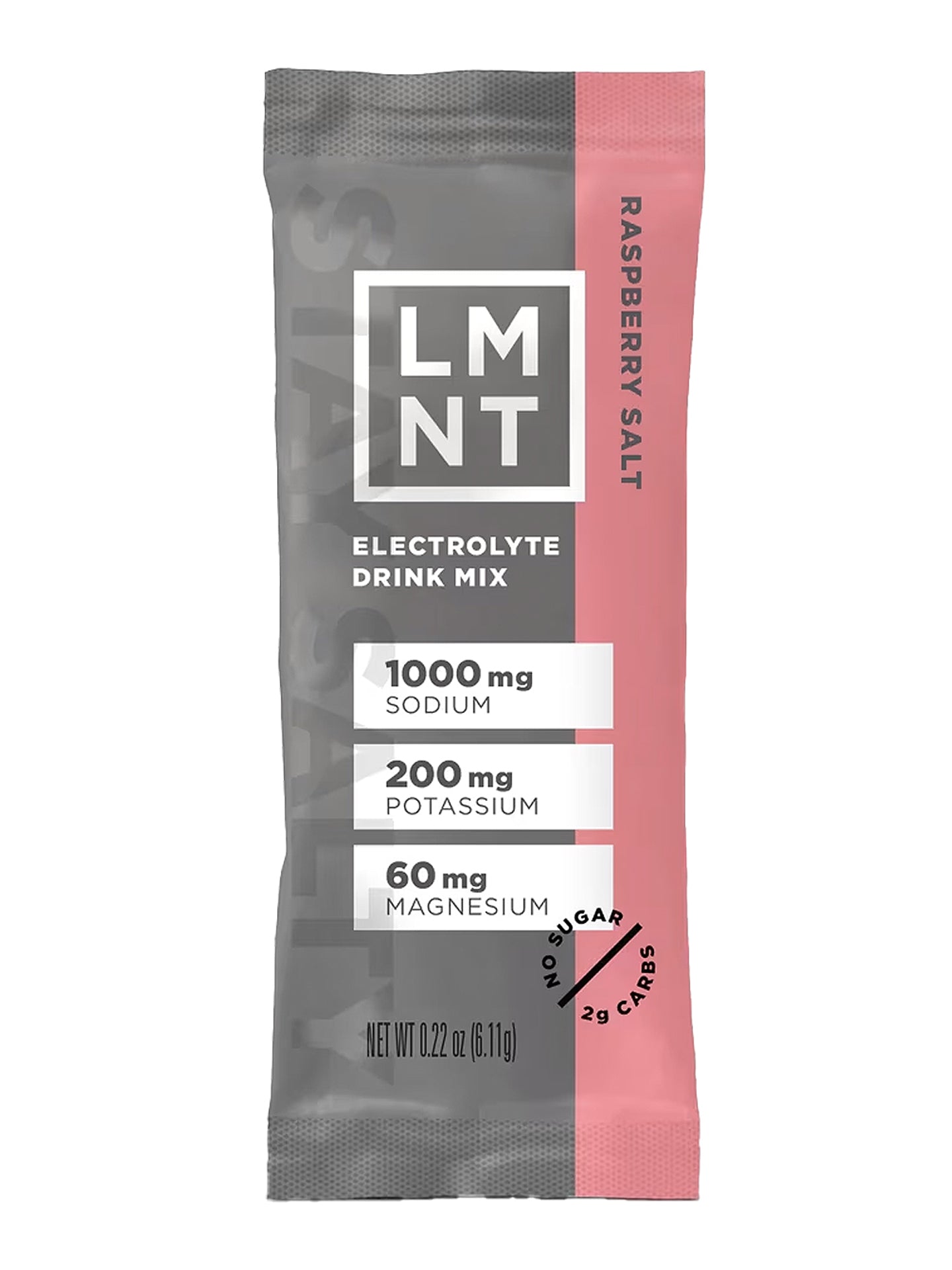 The front of an LMNT Raspberry Salt Electrolyte drink mix package