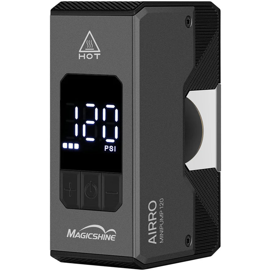 Black air pump with digital display and 'Magicshine' branding on a white background