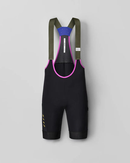 A pair of MAAP Alt_Road Cargo bib shorts for adventure bike riding, gravel riding, and gravel racing, in the black colorway