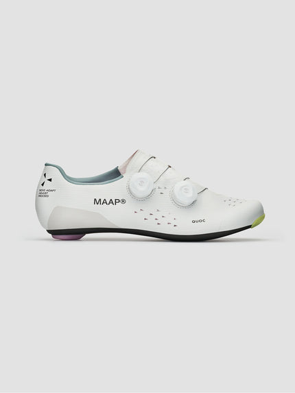 A side view of a pair of MAAP x QUOC M3 carbon road cycling shoes in white