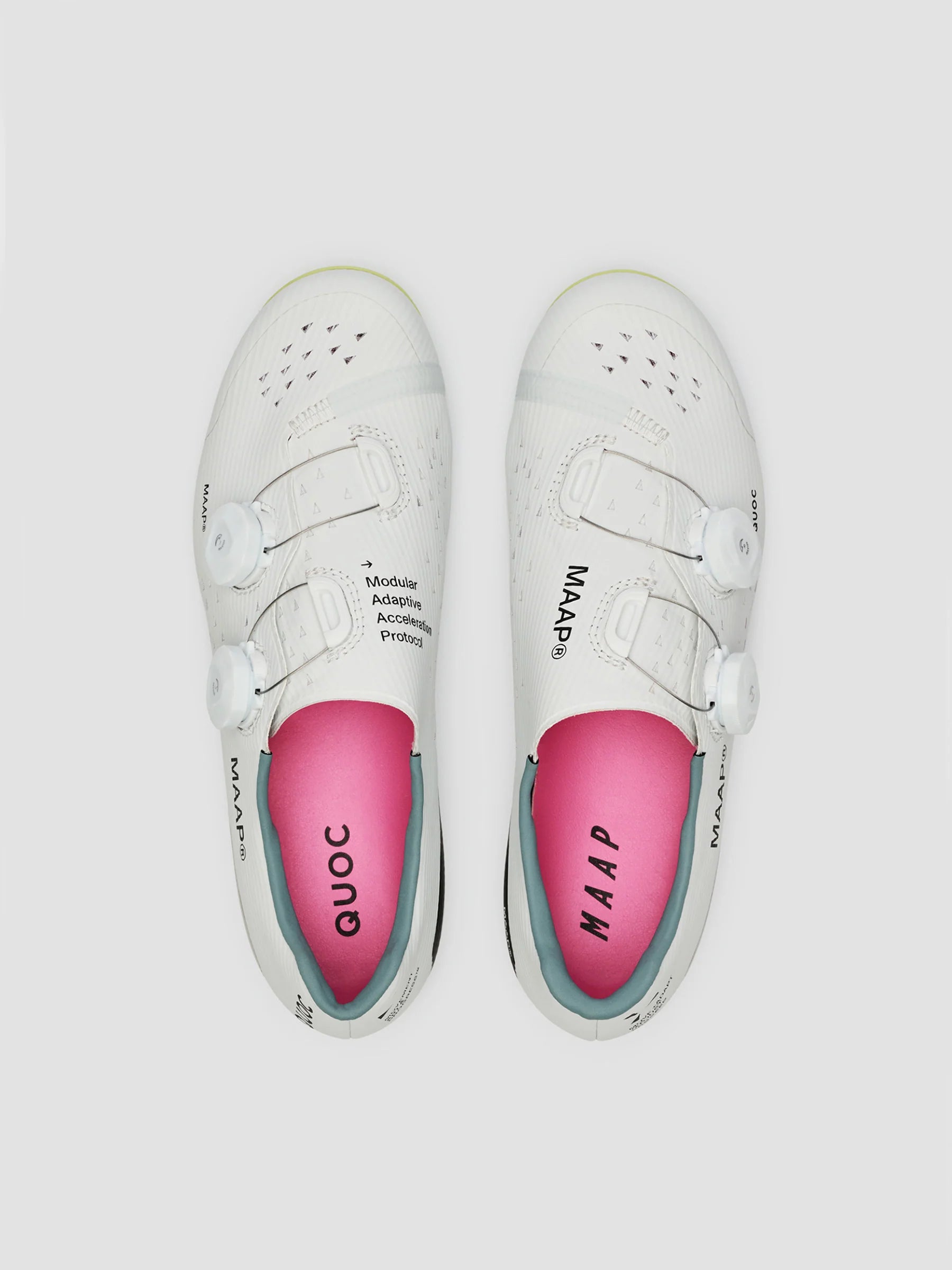 A top-down view of the MAAP x QUOC M3 carbon road cycling shoes in white