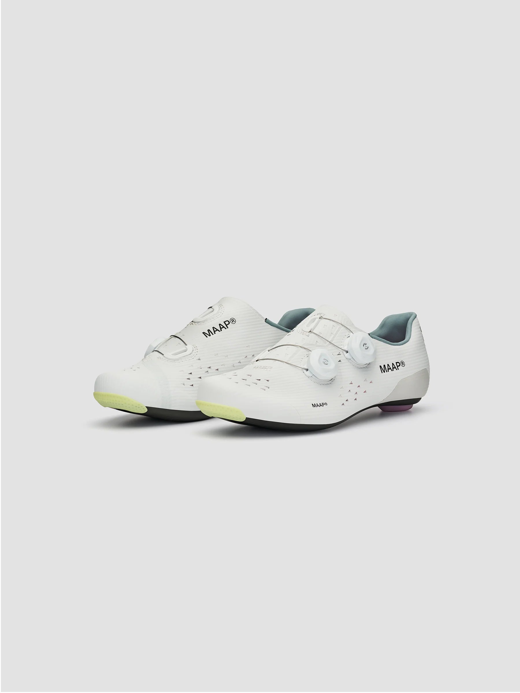 A detail shot of a pair of MAAP x QUOC M3 carbon road cycling shoes in white