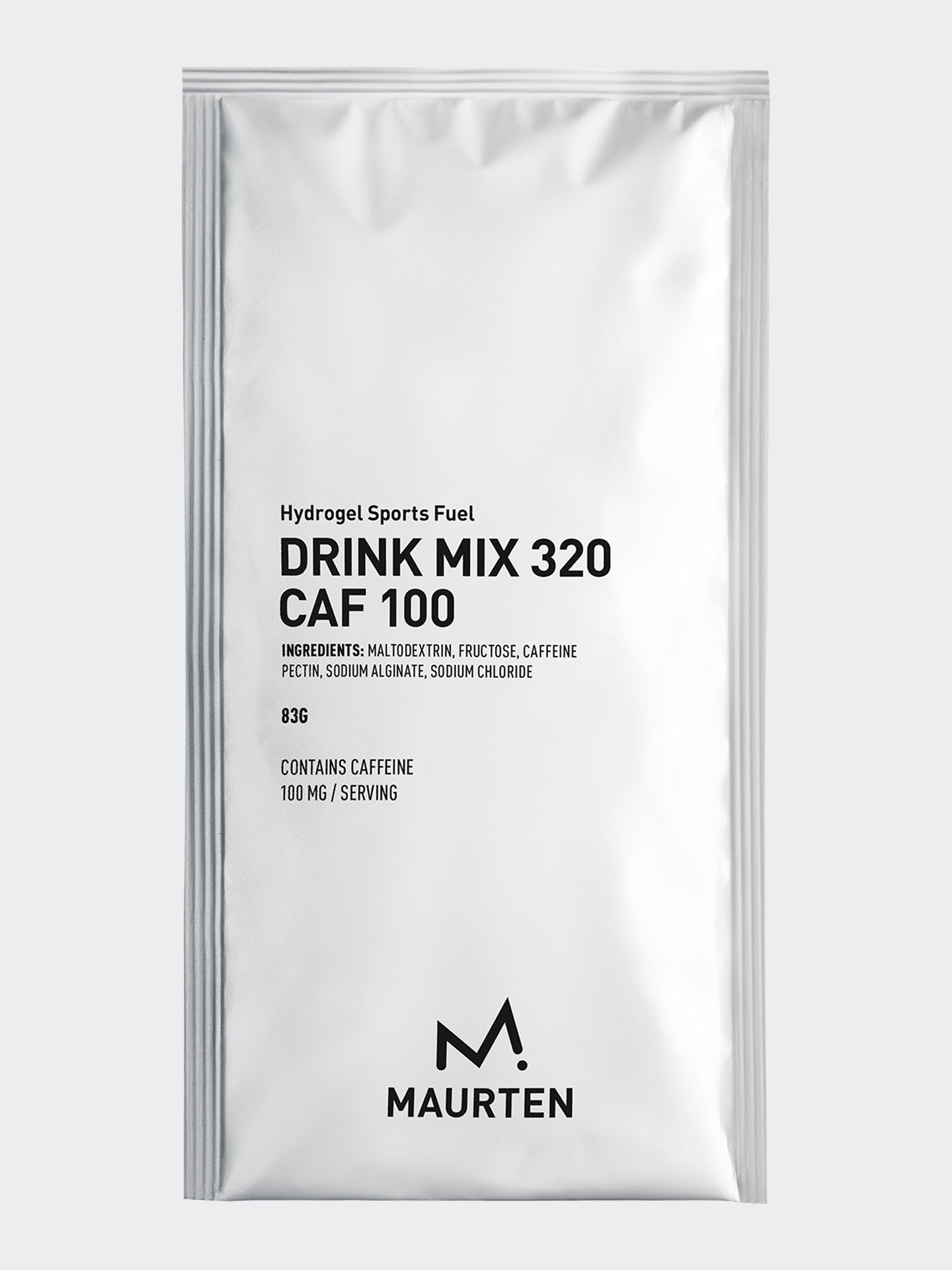 The front of a single packet of Maurten Drink Mix 320 Caf 100 endurance cyclist drink mix with caffeine