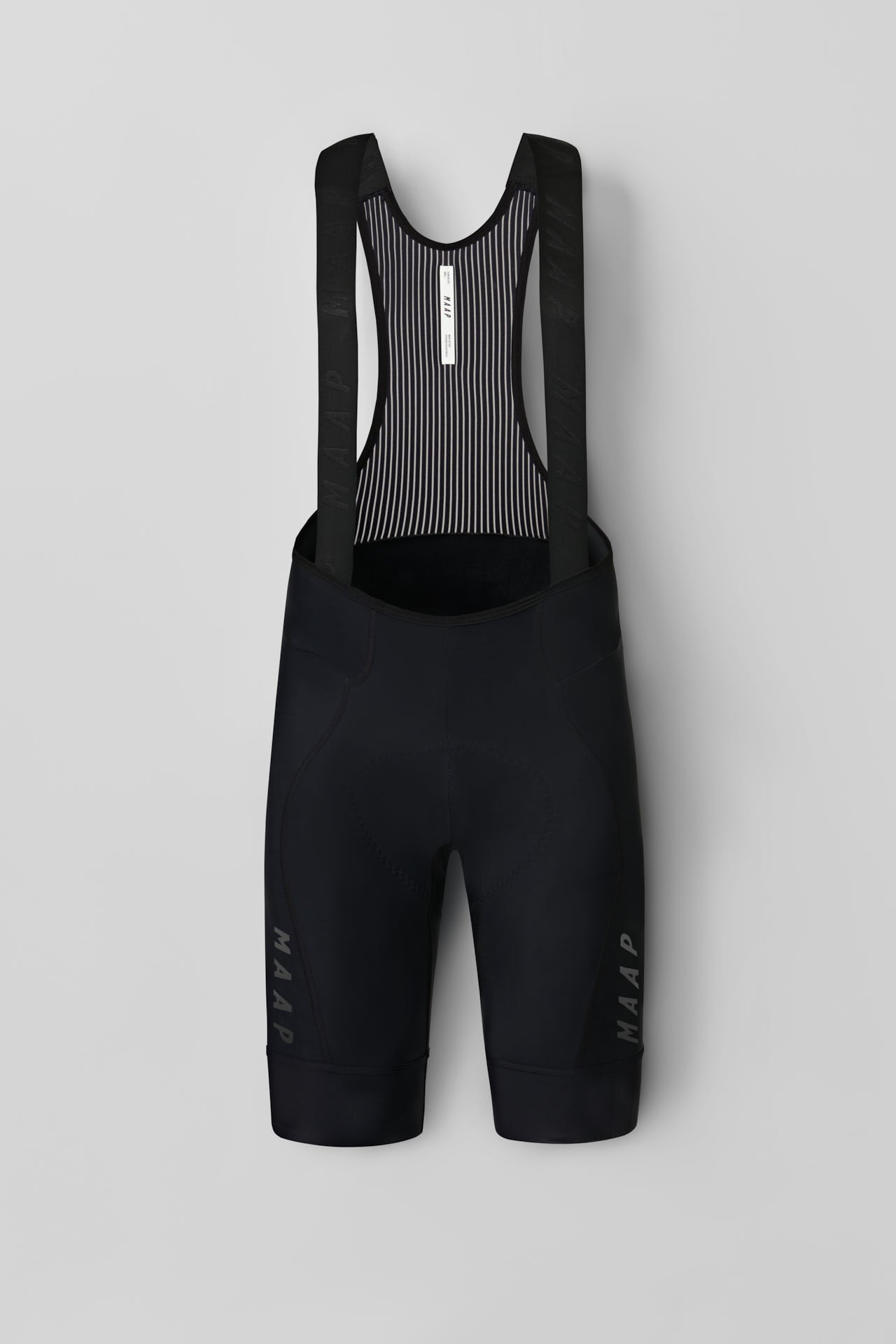 A MAAP Mens Team Bib Evo Bib Short in Black with a White Background