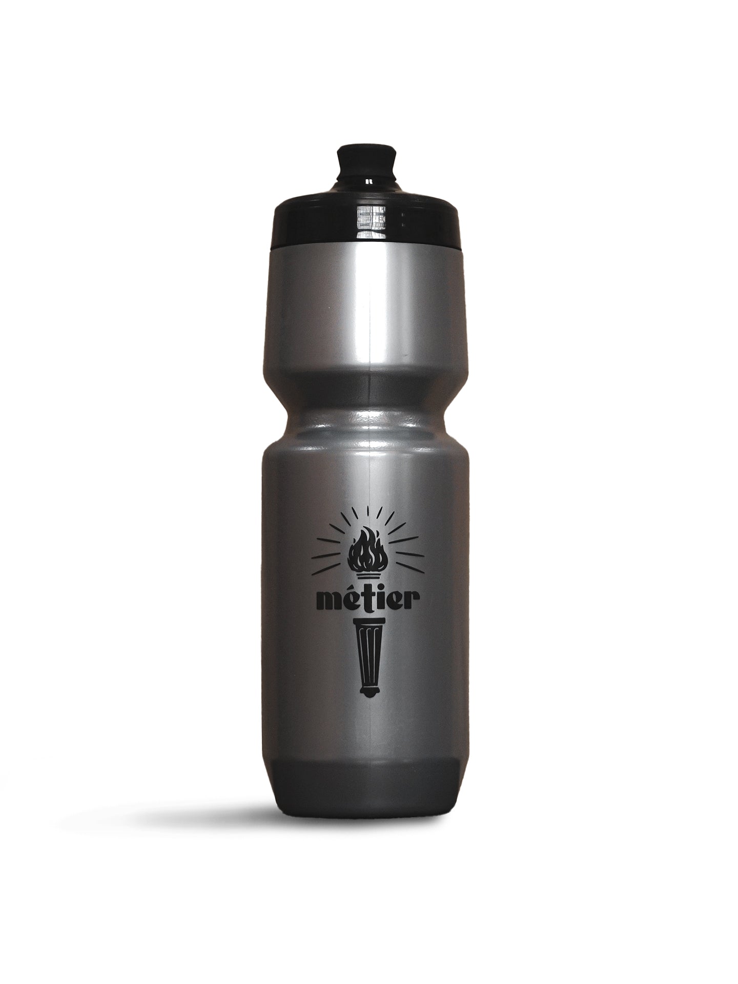 A silver 26oz purist cycling water bottle with Métier torch logo branded on the front