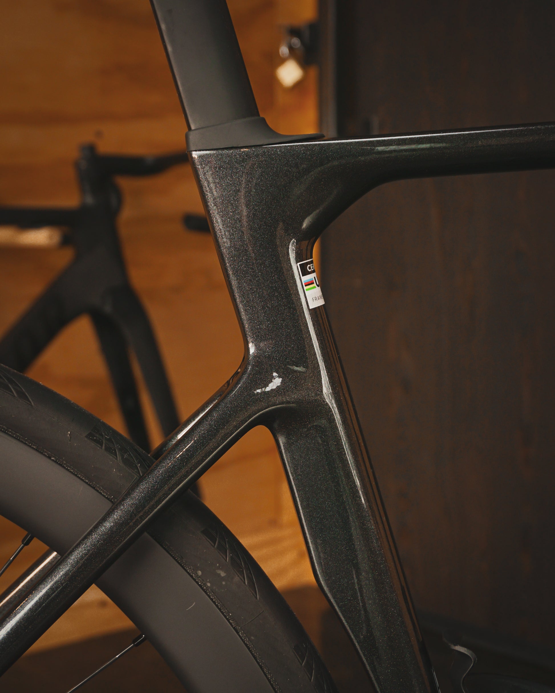 A detail of the seat tube on a Cervelo Soloist road rental bie at Metier Cycling and Cafe