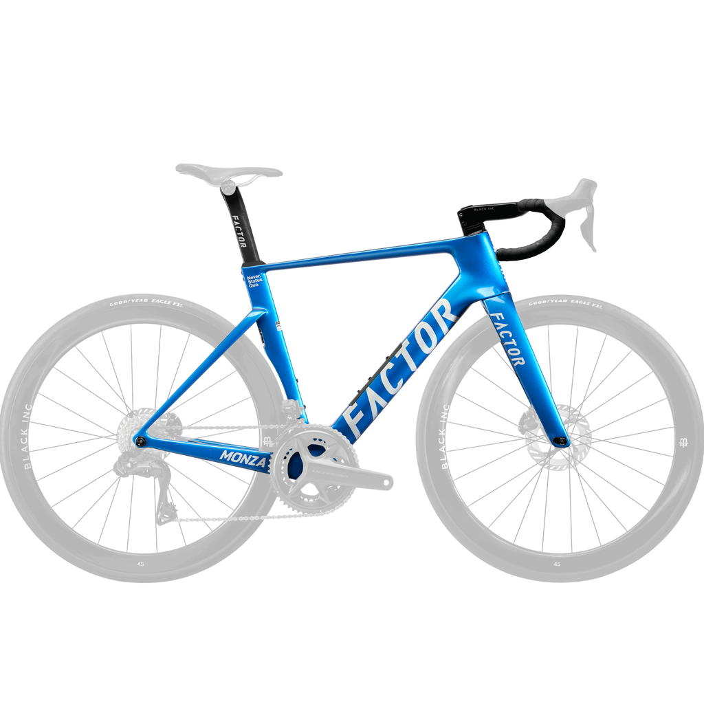 A side profile of a Factor Monza carbon road bike frame set in Solar Blue