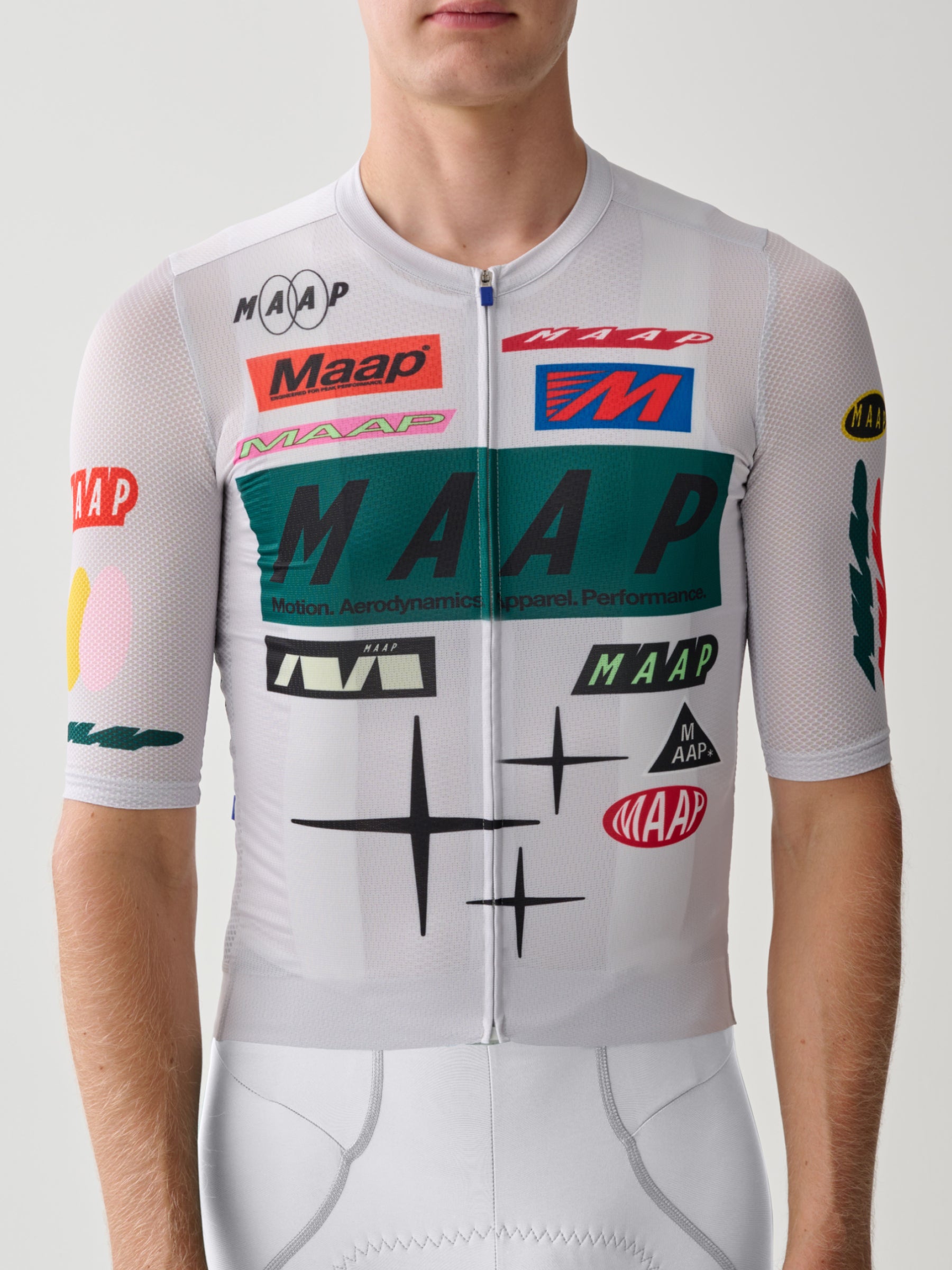A close up of the front of a Men's MAAP Drome Short Sleeve Jersey in White