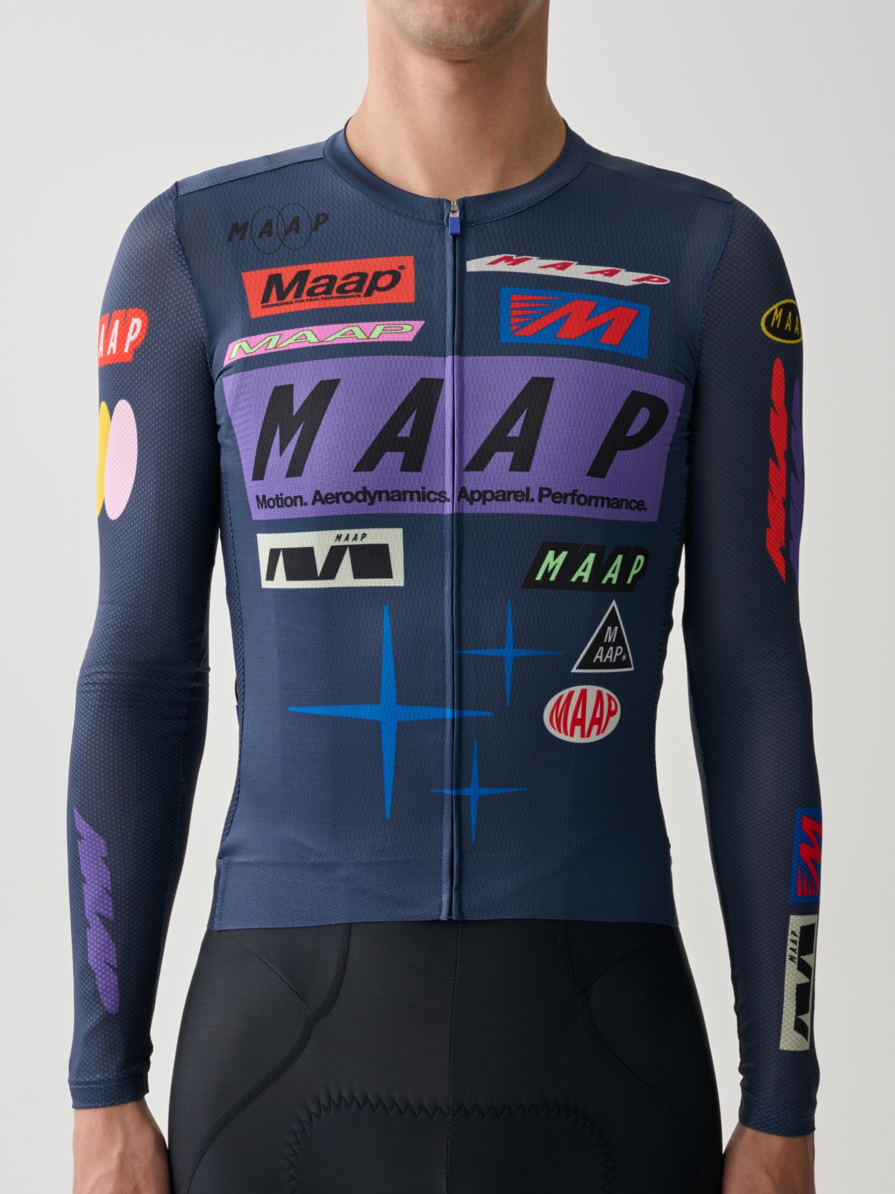A detail shot of the front of a Men's MAAP Drome Long Sleeve Jersey in Midnight blue