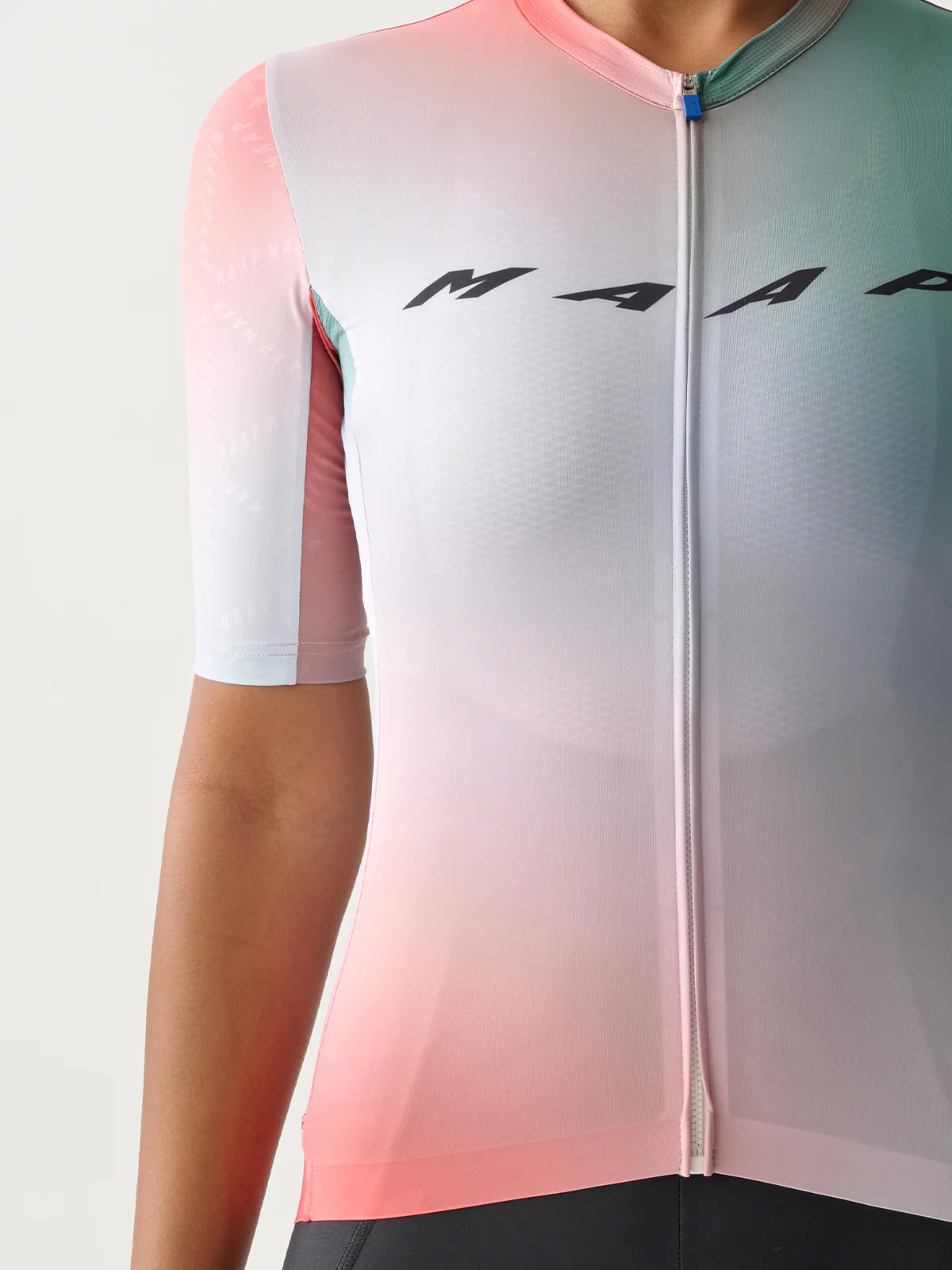 The chest MAAP logo on a MAAP Women's Blurred Out 2.0 Pro Hex Short Sleeve Jersey in Red Mix