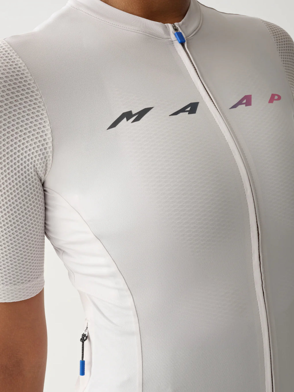 The chest logo detail of a MAAP Blurred Women's Evade Pro Base Short Sleeve Jersey 2.0 in Antarctica