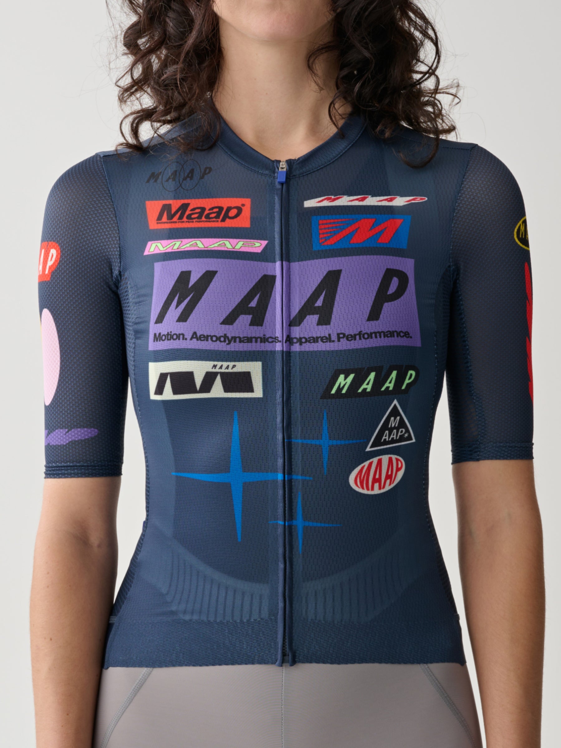 A detail image of the front of a Women's MAAP Drome Short Sleeve Jersey in Midnight