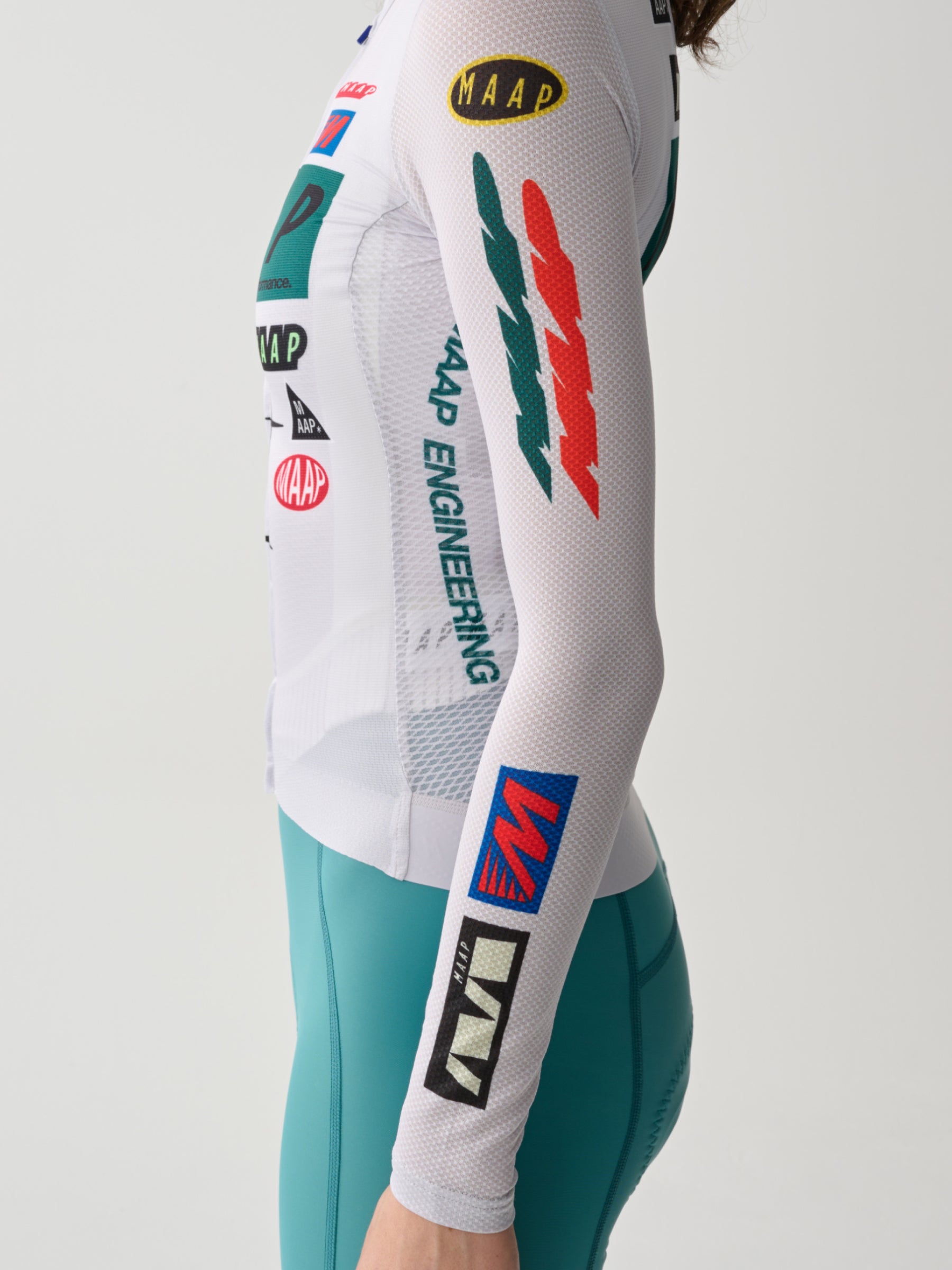 The side profile of a Women's MAAP Drome Long Sleeve Jersey in White