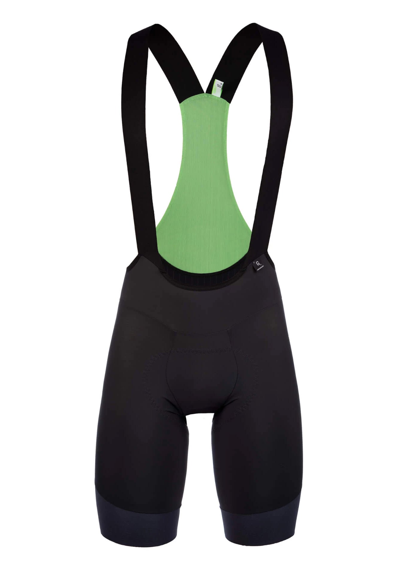 The front of a pair of Q36.5 black cycling bib shorts