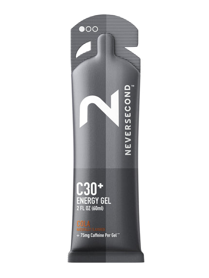 The front of a Neversecond C30+ energy gel packet in Cola flavor for endurance athletes