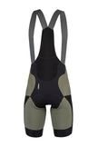 The back of a pair of Q36.5 Cargo Bib Shorts in Olive with black acents