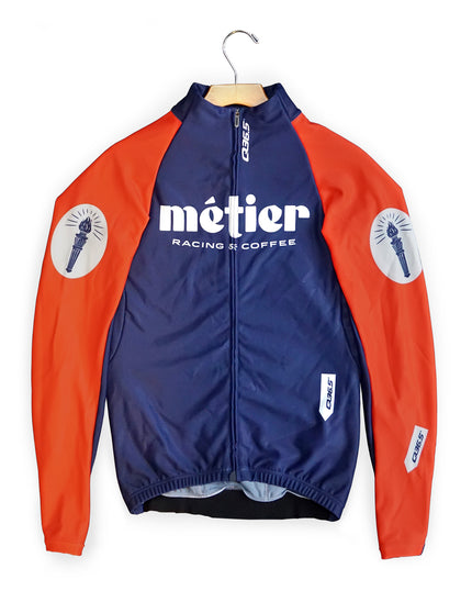 A Metier Racing & Coffee custom Q36.5 Long Sleeve Jersey in Navy with Racing Red Sleeves 