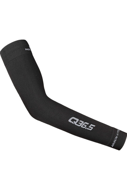 The Side of A Q36.5 Sun&Air Arm Warmer in Black with Q36.5 reflective branding