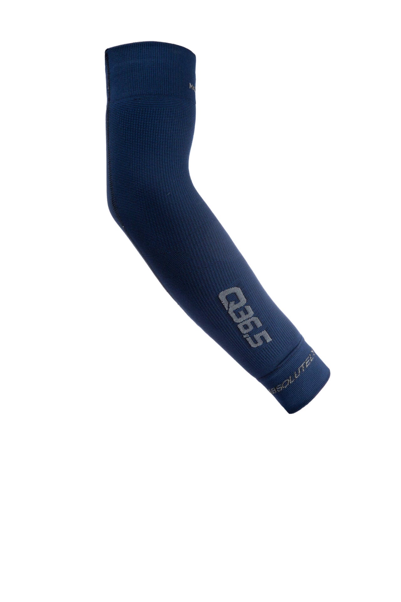 The Side of A Q36.5 Sun&Air Arm Warmer in Navy with Q36.5 reflective branding
