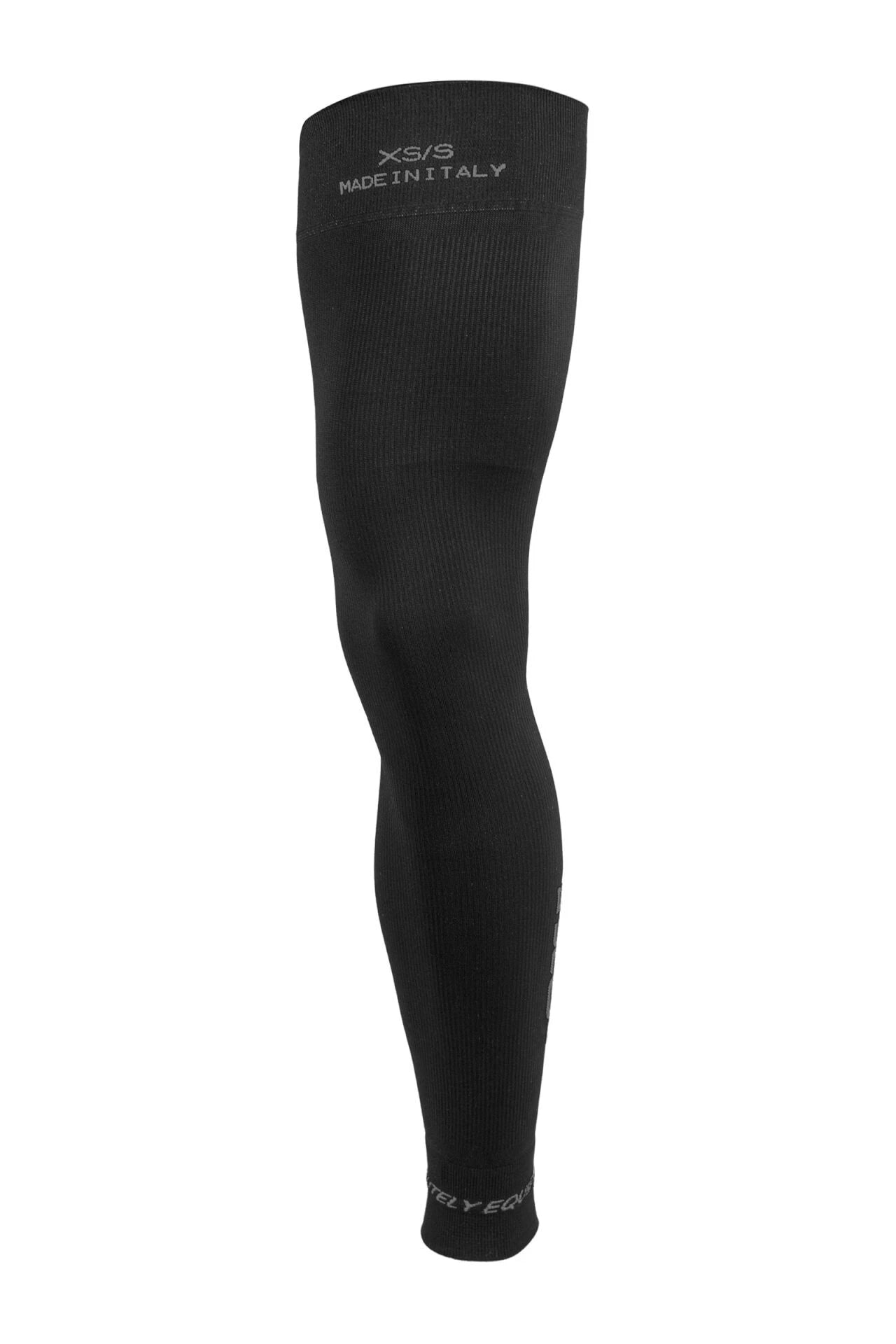 The Side of A Q36.5 Sun&Air Leg Warmer in Black with Q36.5 reflective branding