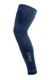 The Side of A Q36.5 Sun&Air Leg Warmer in Navy with Q36.5 reflective branding