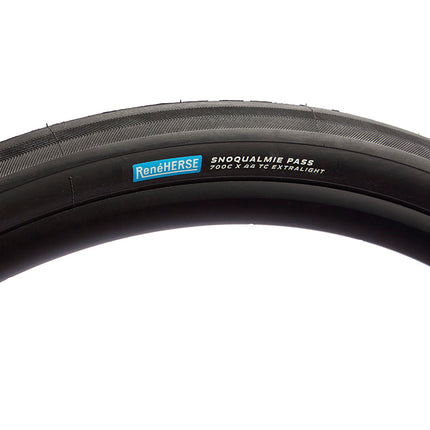 A Rene Herse Snoqualmie Pass Gravel and Bike Packing tire for bicycles in black