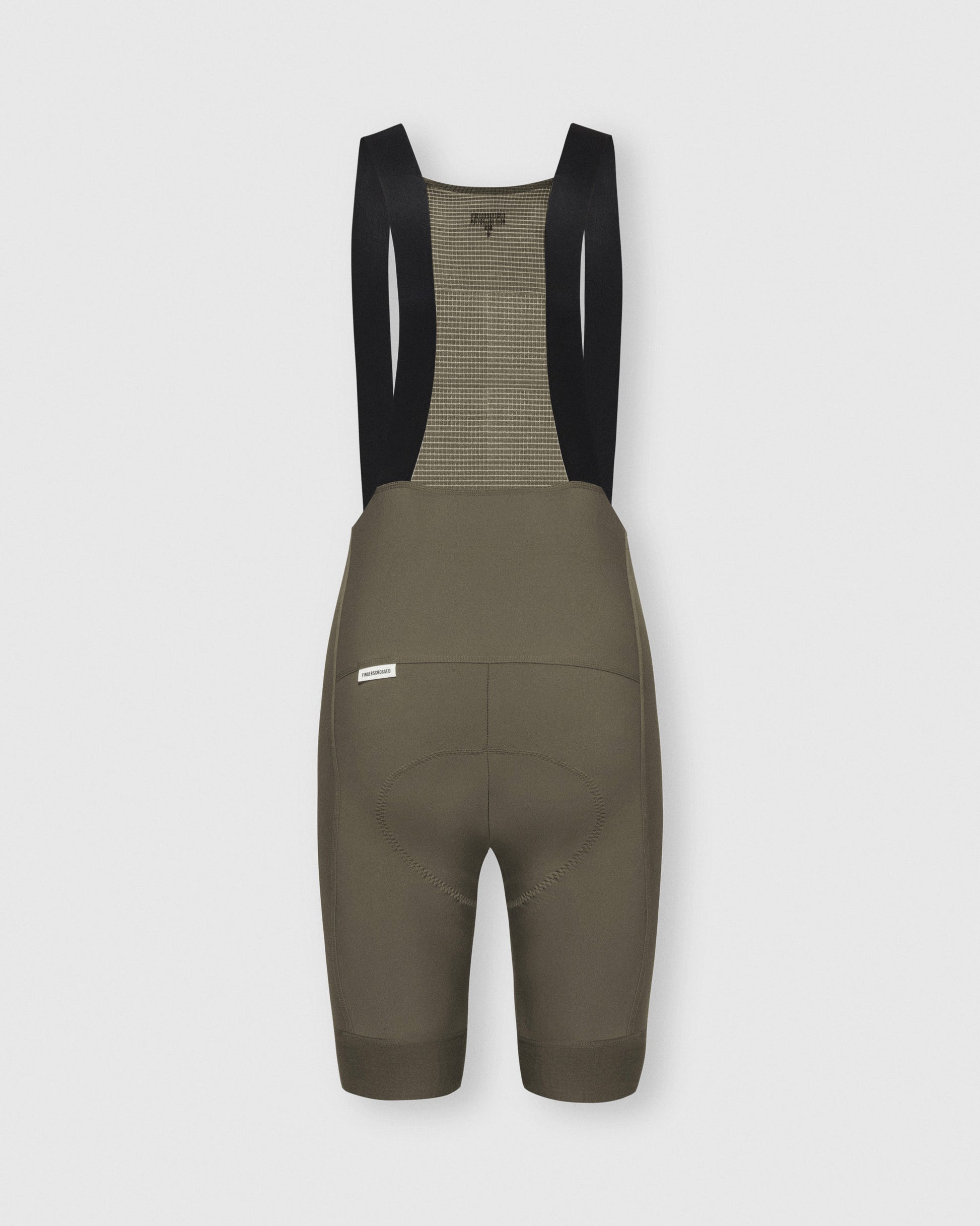 A Flat Lay Image showing the back of a Fingerscrossed #Road Mens cycling bib short in Olive