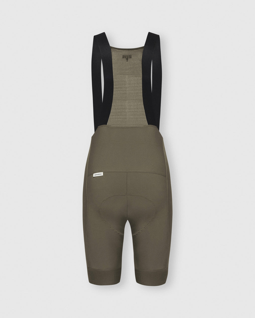 A Flat Lay Image showing the back of a Fingerscrossed #Road Mens cycling bib short in Olive