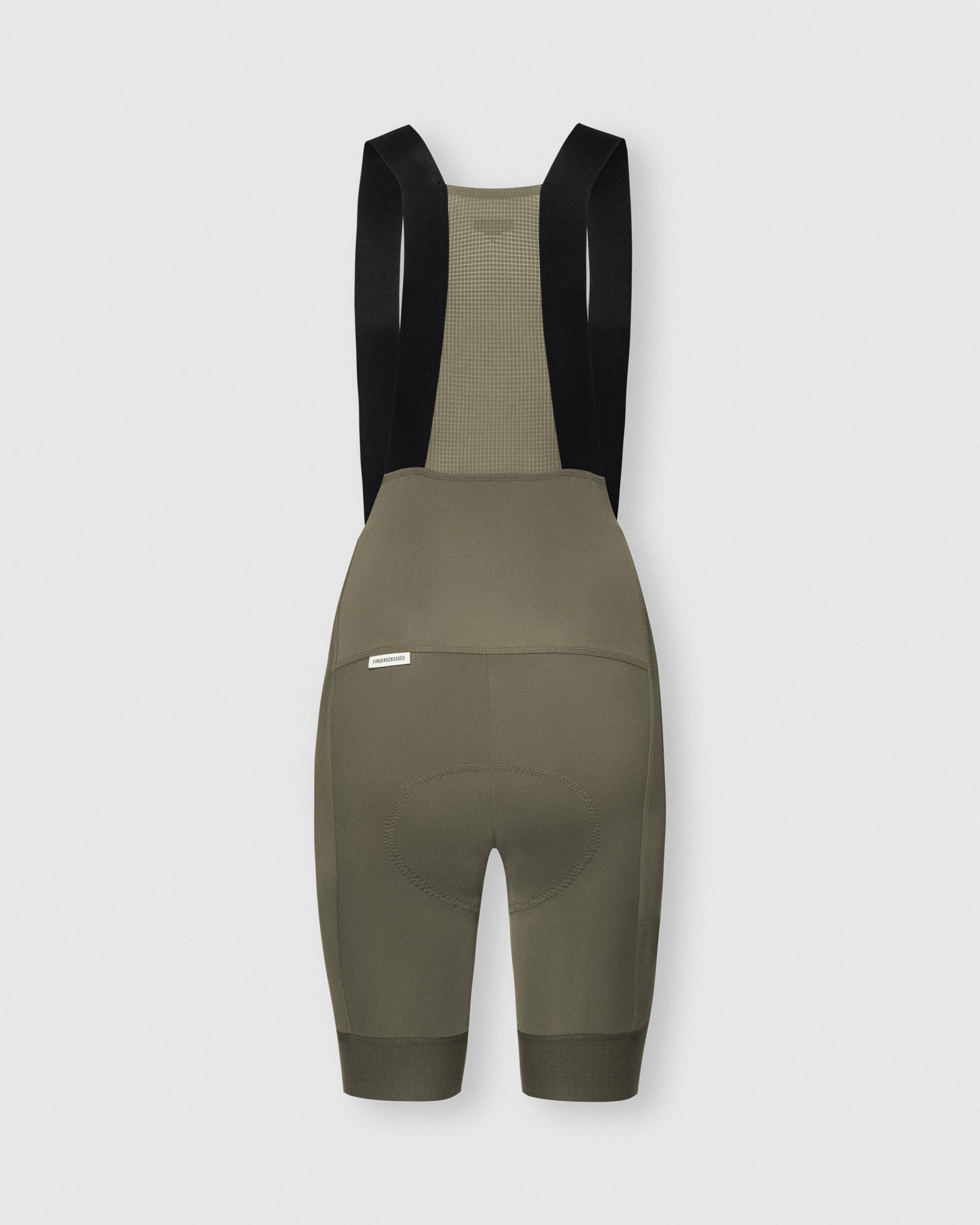 A Flat Lay Image showing the back of a Fingerscrossed #Road cycling bib short in Olive