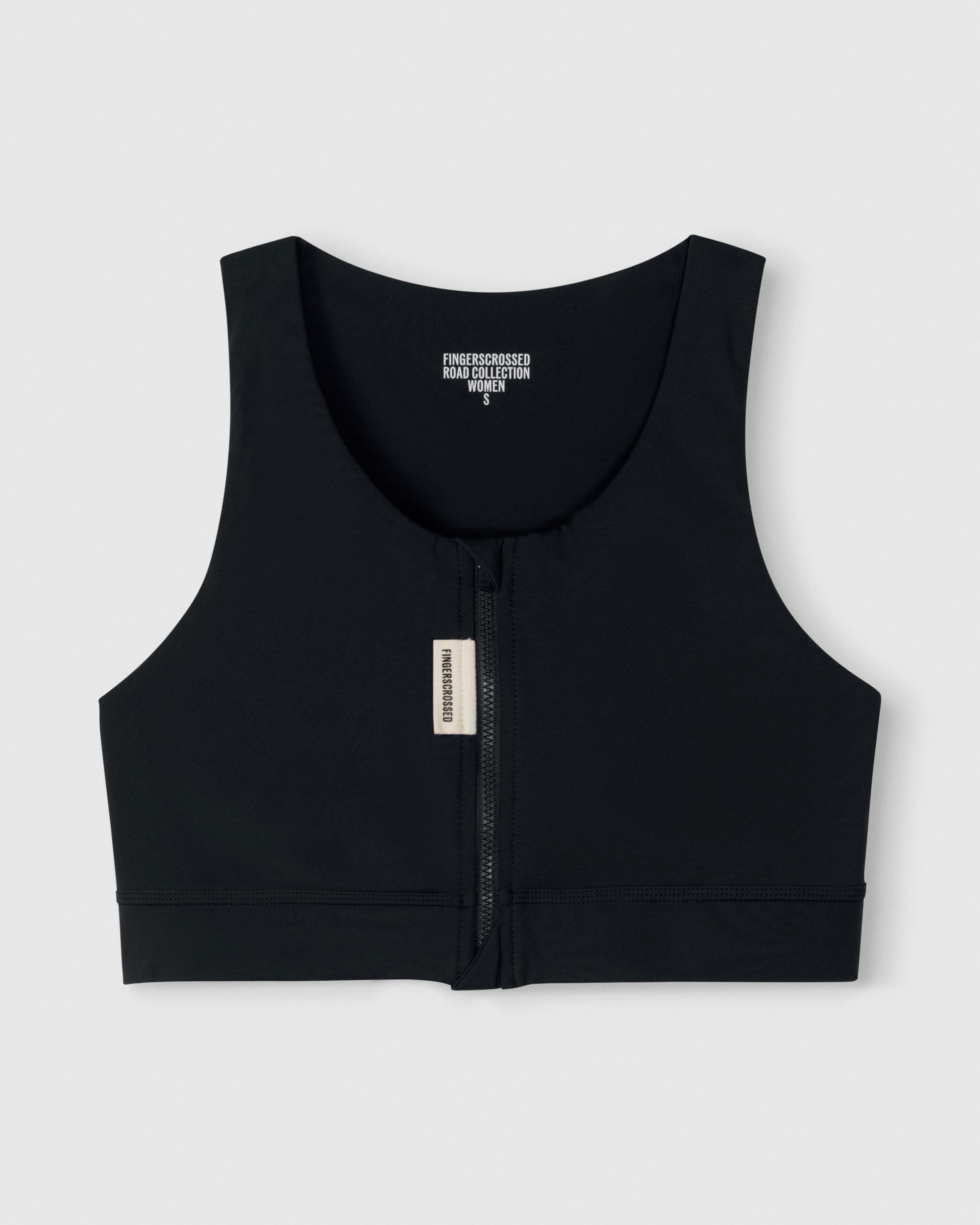A Flat Lay image showing the front of a Fingerscrossed #Road cycling women's bra in black