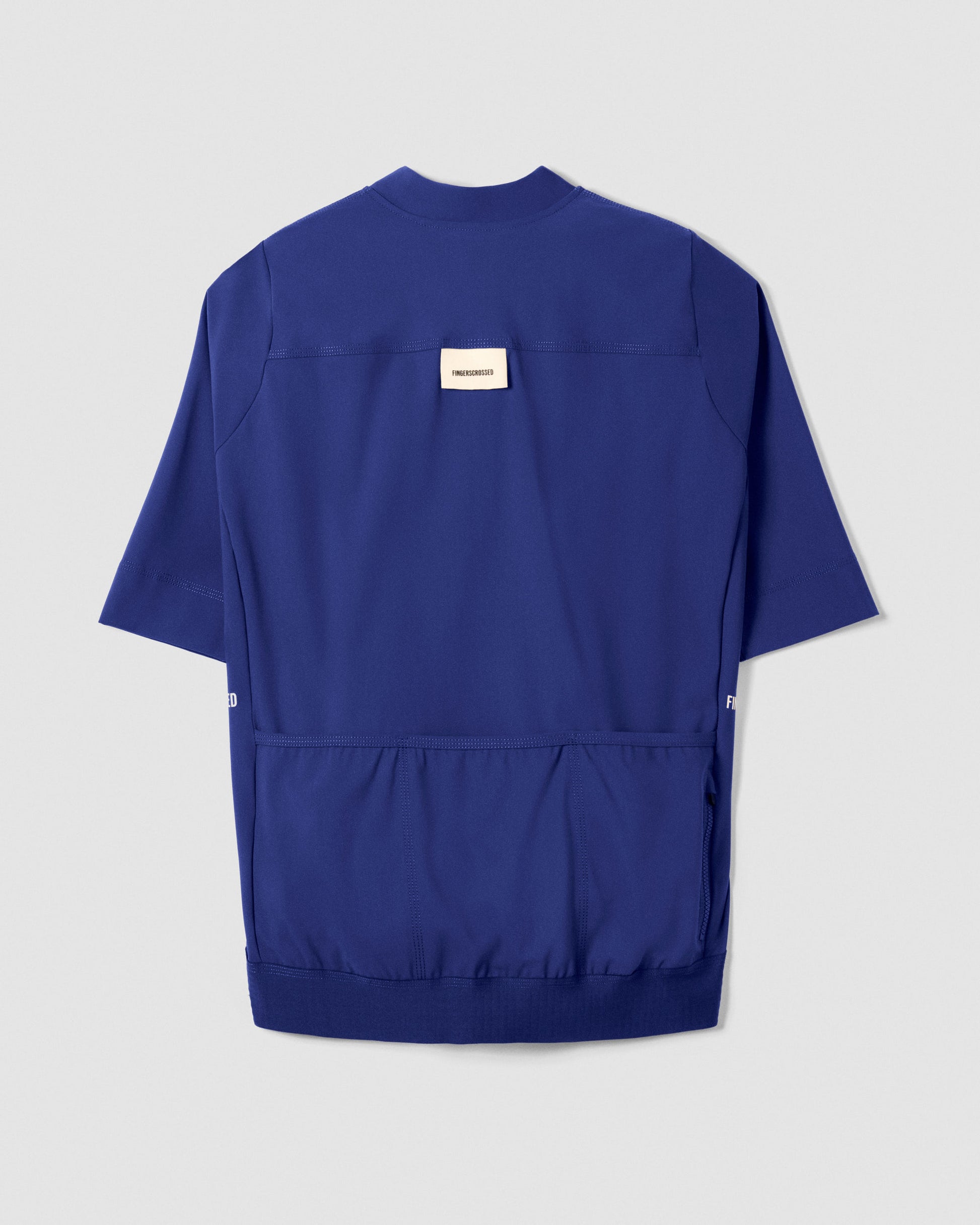 A Flat-lay image of the back of a Fingerscrossed #Road cycling jersey in Navy Blue