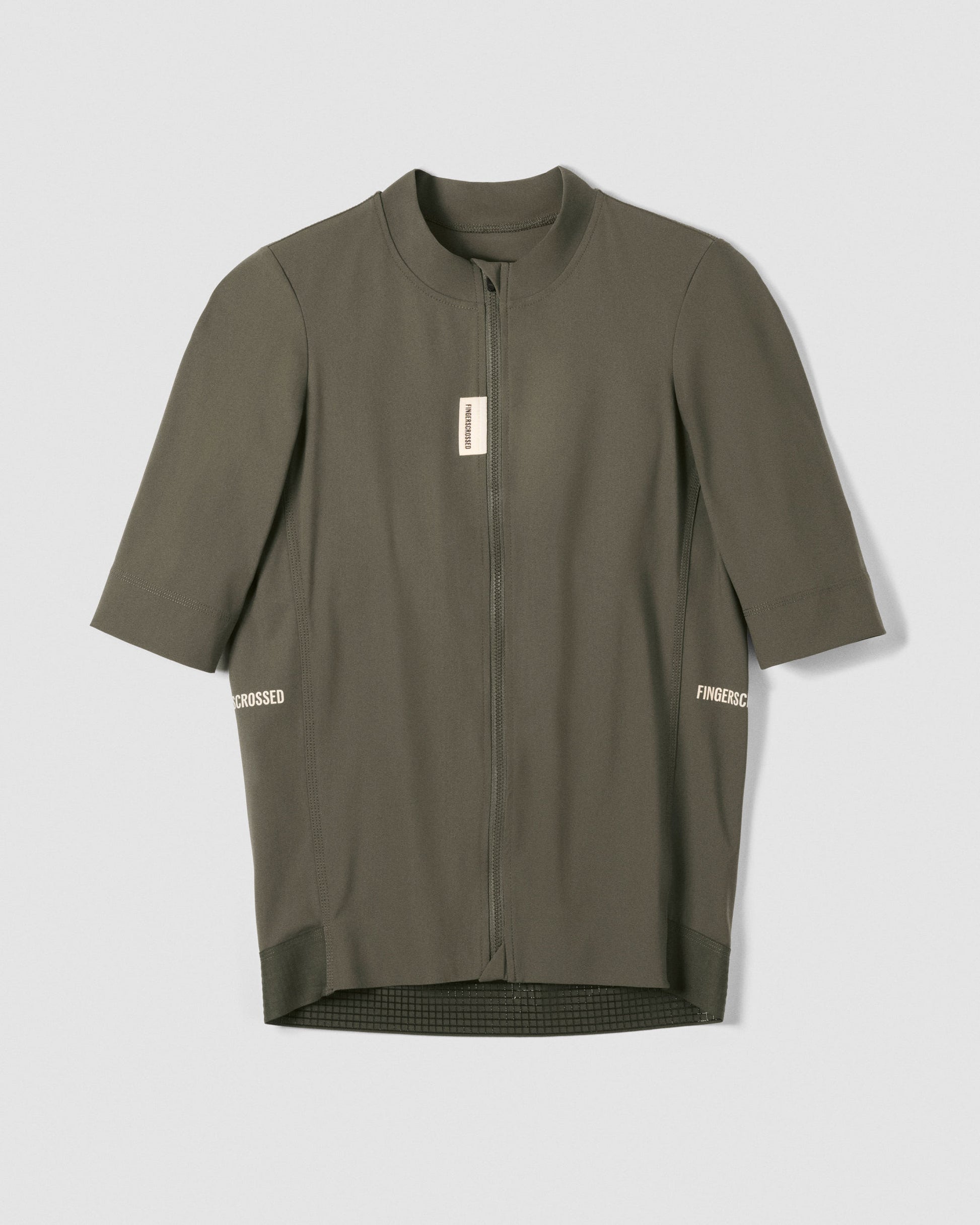 A Flat-lay image of the front of a Fingerscrossed #Road cycling jersey in Olive Green