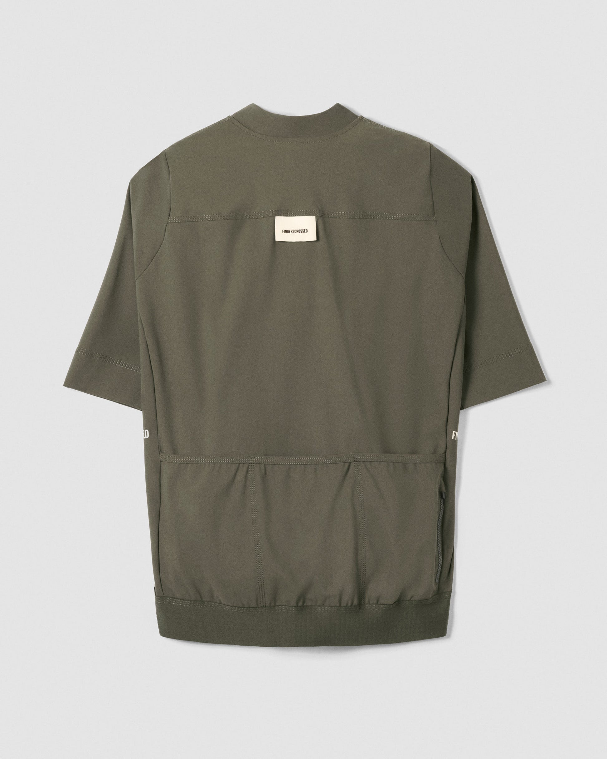 A Flat-lay image of the back of a Fingerscrossed #Road cycling jersey in Olive Green