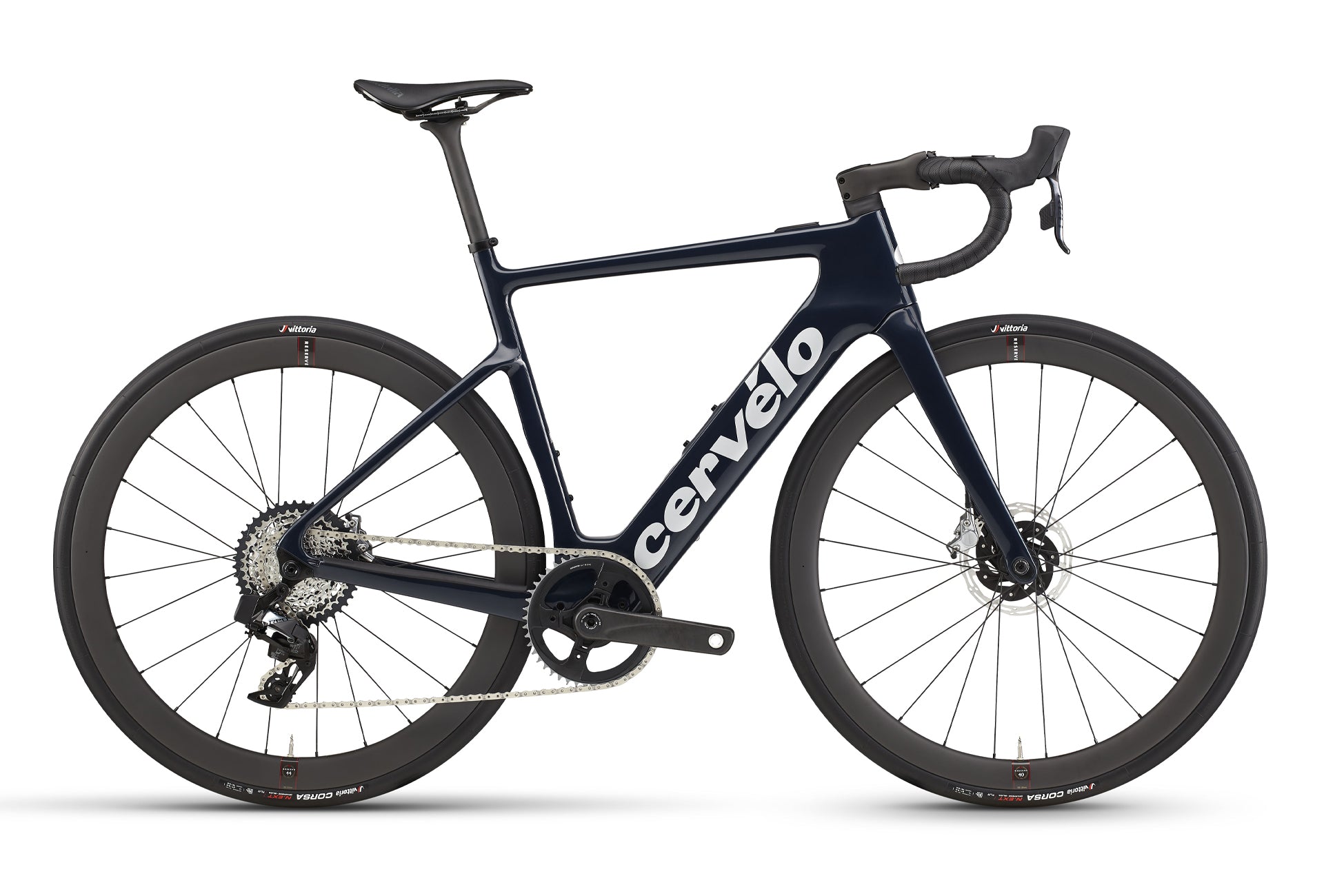 The side profile of a Navy Blue Cervelo Rouvida Road E-Bike writh SRAM Red AXS Groupset and Reserve Cabon Wheels