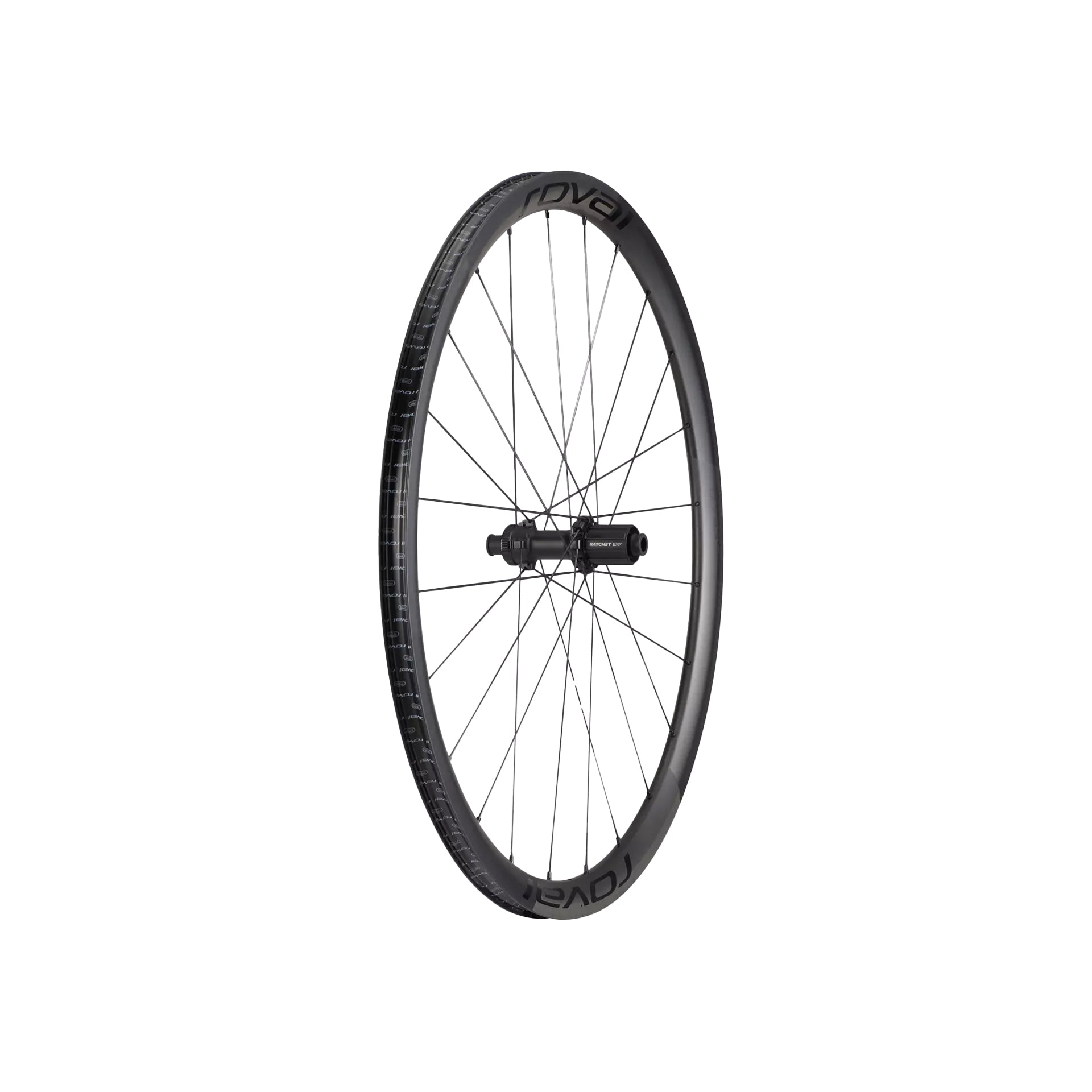 The rear wheel of a Roval Alpinist CLXII climbing bicycle wheelset for road bikes