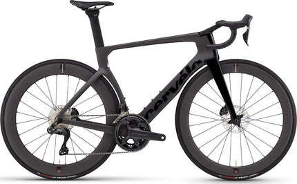 The side of Five Black Cervelo S5 Aero Road Racing bike with Shimano Ultegra Di2 groupset and Reserve Carbon Wheels