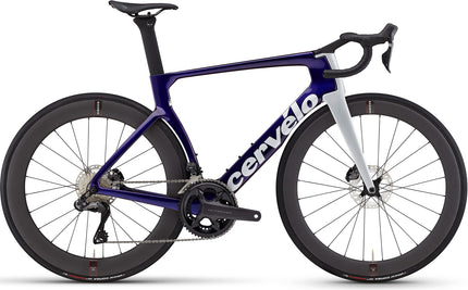 The side of Sapphire Ice Cervelo S5 Aero Road Racing Bike with Shimano Ultegra Di2 groupset and Reserve Carbon Wheels