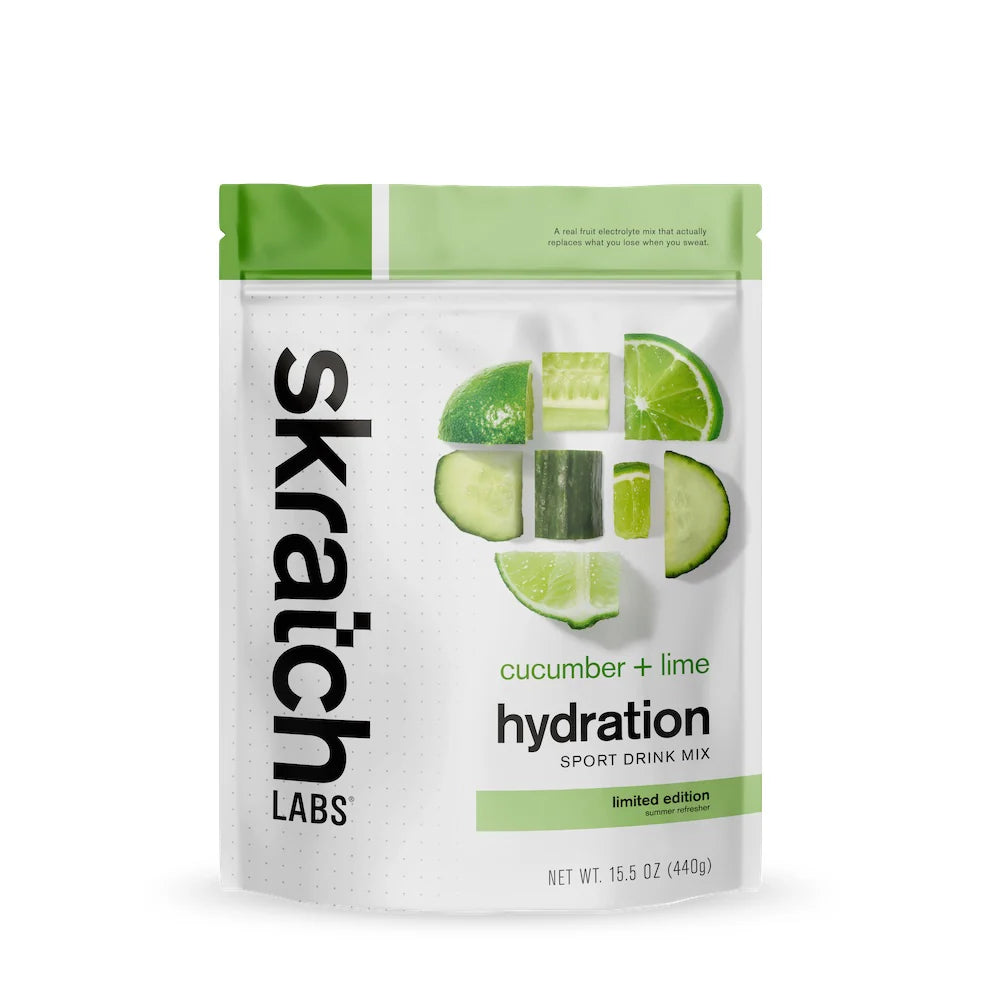 A pouch of Skratch Labs cucumber lime hydration sport drink mix