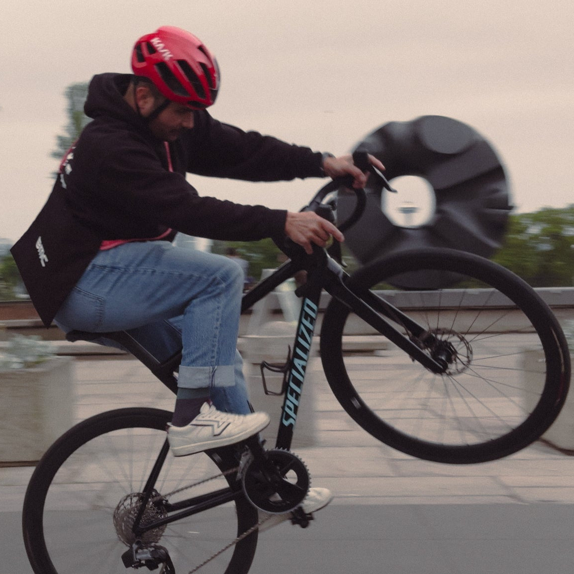 A cyclist doing a wheelie on a specialized tarmac rental bike in Seattle